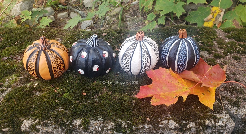Funky Swirly Resin Pumpkin, decoration, fall, ladybugs, black, white, orange image 1
