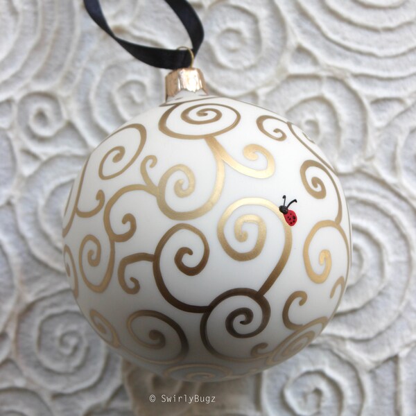 Large, Cream, Glass Hand Doodled Ornament, ladybug, gold swirls, 100 mm
