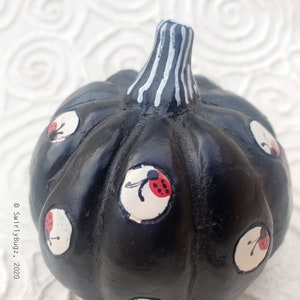 Funky Swirly Resin Pumpkin, decoration, fall, ladybugs, black, white, orange image 6