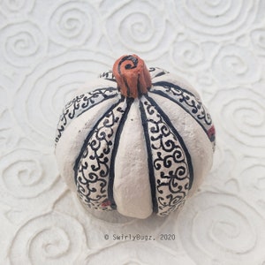 Funky Swirly Resin Pumpkin, decoration, fall, ladybugs, black, white, orange image 4