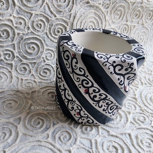 Black & White Stiped planter, holder, hand painted, ladybugs, swirls