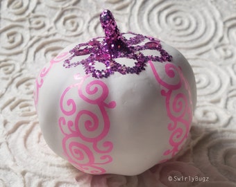 White with Pink Bling Pumpkin, hand painted, pink swirls, ladybug