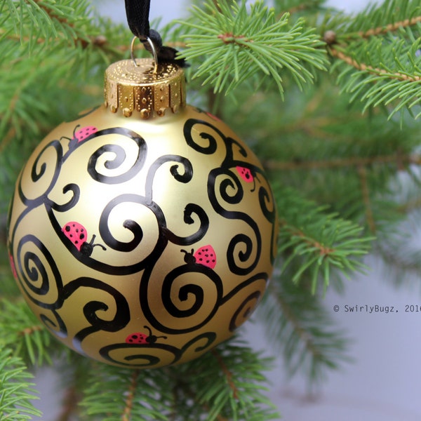 Glass Hand Doodled Ornament, gold, black swirls, ladybugs