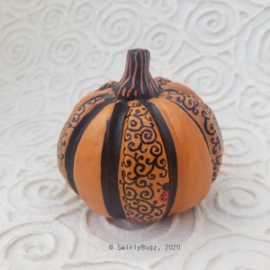 Funky Swirly Resin Pumpkin, decoration, fall, ladybugs, black, white, orange image 3