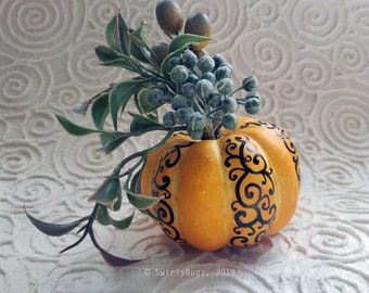 Swirly Faux Plant Pumpkin, light orange, ladybug