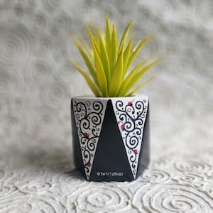 Black & White Triangle faux plant, hand painted, ladybugs, swirls, yellow green plant