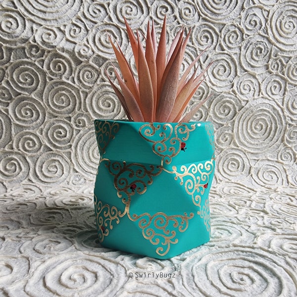 Large SwirlyBugz Bling Faux Succulent - Teal Geometric Planter, Pink Spiky Plant - ceramic, hand painted, gold swirls, ladybugs