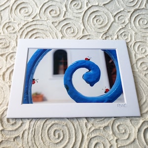 LADYBUGGED PHOTO -Blue Swirl, 5x7 mat/4x6 photo, hand painted ladybugs, Greece, Santorini