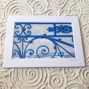 LADYBUGGED PHOTO - Blue Swirly Gate, 5x7 mat/4x6 photo, hand painted ladybugs, Greece, Santorini