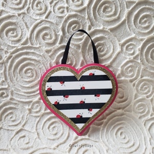 4.5&quot; SwirlyBugz Black & White Striped Heart with Ladybugs, wood, pink, gold, ornament, hanging