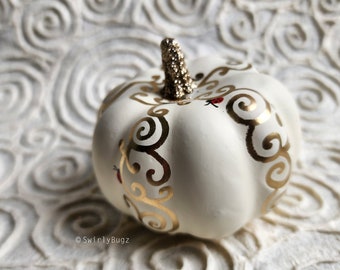 Swirly MINI Bling Pumpkin, white, gold swirls, ladybugs