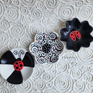 4&quot; Ceramic Flower Trinket Dish, black & white, hand painted, ladybugs, swirls