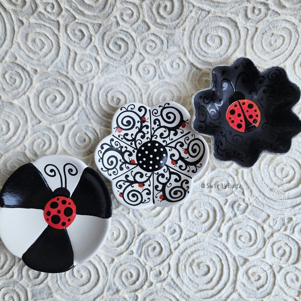 4" Ceramic Flower Trinket Dish, black & white, hand painted, ladybugs, swirls