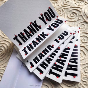 Biglietti di ringraziamento, stampa tipografica, coccinelle rosse, bianche, nere, interno vuoto, set da 6
