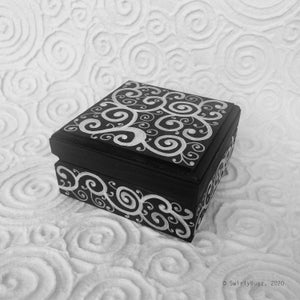 Square Wood Trinket Box, black, white swirls, hand painted