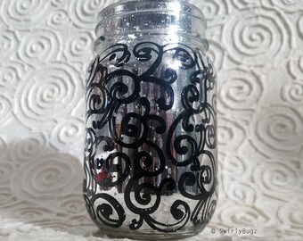swirly metallic mason jar, hand painted, silver, black swirls