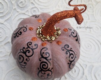 Rustic Brown/Rust Bling Pumpkin, black swirls, ladybug, orange bling