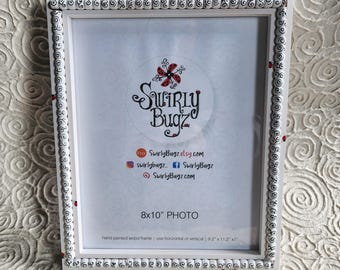8x10" Photo Frame, White Wood, hand painted, black swirls, ladybugs