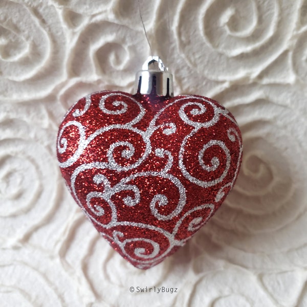 Red Bling Swirly Heart ornament, hand painted, silver swirls