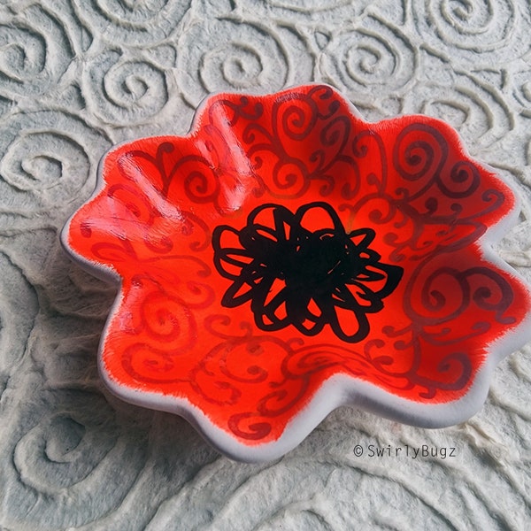 4" Ceramic Poppy Flower Trinket Dish, red, black, hand painted, swirls