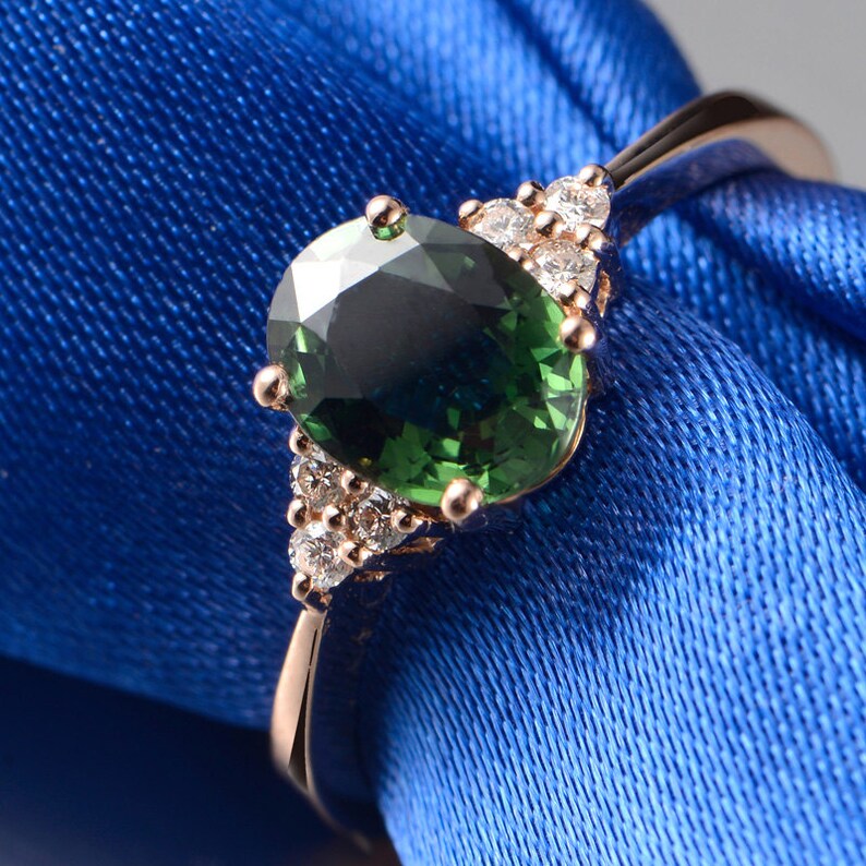 Green Tourmaline Diamond Ring in 18k Rose Gold Engagement Etsy