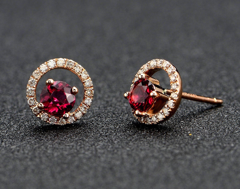 Rubellite Red Tourmaline Diamond 18k Rose Gold Earrings Stud | Etsy