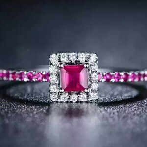 Emerald Cut Ruby Diamond Engagement Ring in 18k White Gold Wedding Birthday Anniversary Valentine&#39;s