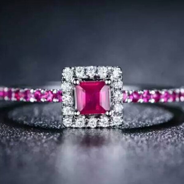 Corte de la esmeralda rubí diamante anillo de compromiso en 18 k oro blanco boda cumpleaños aniversario de San Valentín