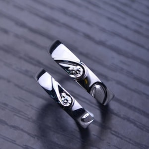 Two Hearts In One 18k White Gold Diamond Wedding Ring, Wedding Bands His And Hers Set, Couple Ring Set, Matching Ring Bands