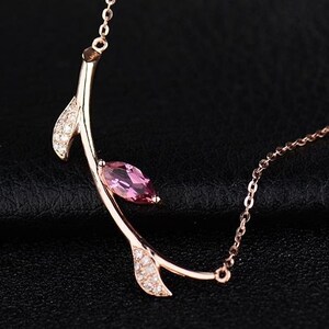 Branch Twig with Leaves 18k Rose Gold Red Tourmaline Diamond Necklace for Wedding Birthday Valentine&#39;s Mother&#39;s Day