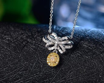 Oval Shaped Yellow Diamond Necklace in 18k White Gold Chain Wedding Birthday Anniversary Valentine's