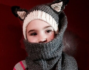 Crocheted  gray fox hat and scarf (SCAT)