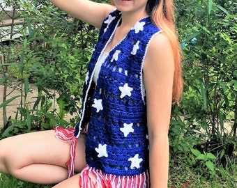 American Flag Crochet vest, Festival top with frindge