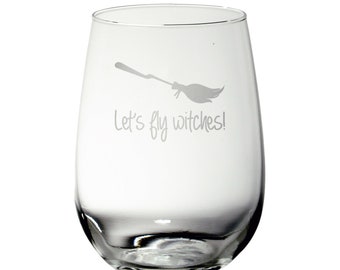 Let's Fly Witches Sand Carved Glassware