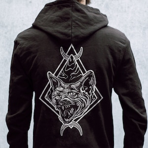 Two moon cat Unisex Hoodie Black, Punk, Punk Hoodie, Cat Hoodie,Dark Pull Over Hoodie