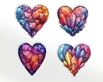 GLOSSY STICKER: Crystal Stone Heart Stickers set of 4, Crystal Sticker , Pastel Crystal Sticker , Crystal Sticker , Witchy Crystal Sticker