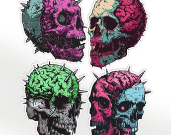 GLOSSY STICKERS: Creepy Skull set of 4 stickers, Dark Aesthetic Skull Sticker , Skull Sticker, brain stickers