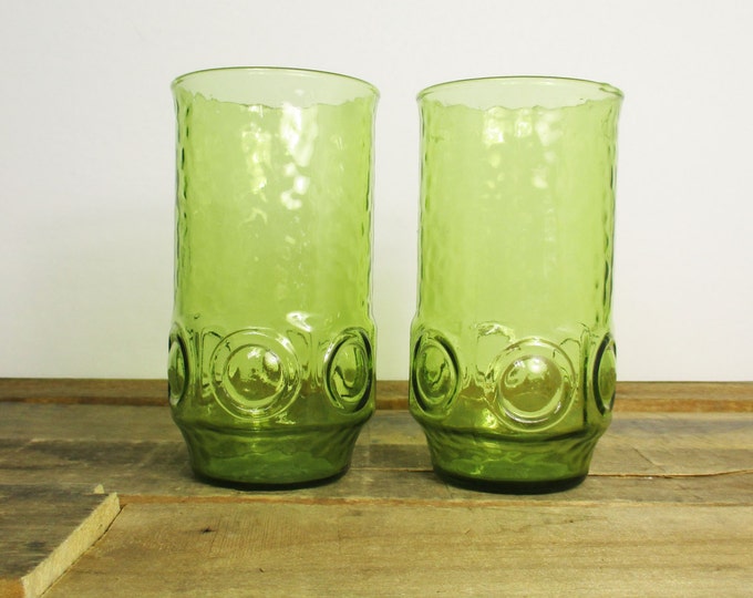 Pair of Tall Vintage Green Tumblers. Bright Green / Lime Green Drinking