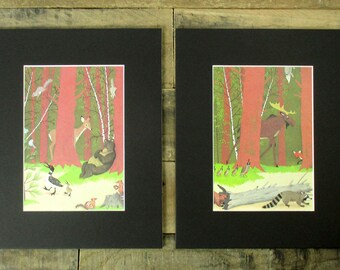 Pair of Vintage 1970's Forest Nursery Print from a Vintage Children's Book. Matted 8 x 10 Retro Disney Illustrations from 'Bambi Gets Lost''