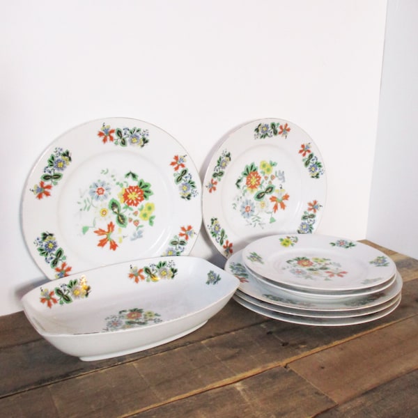 RARE 1940's Edelstein 1373 Dishes. Includes Five Dinner Plates, 2 Salad Plates, Large Serving Bowl with Bright Floral Pattern, Gold Edges