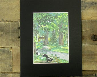 1970's Book 8 x 10 Print. Vintage illustration of a forest scene, with a cabin in the woods. Great cabin + camper decor!