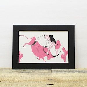 1960s Cowboy / Rodeo Art - 5 x 7 Black and Pink Line Drawing.