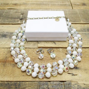 Lisner Aurora Borealis Necklace and Earring Set. Three Stranded Vintage Crystal Necklace with Matching Clip-On Earrings.