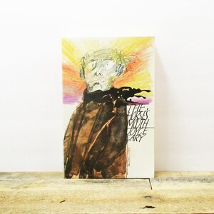 May include: A watercolor painting of a person with a brown coat and a yellow, orange, and pink background. The text "The horse's mouth does carry"