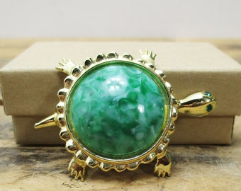 Vintage Turtle Brooch with Green Peking Glass Shell and Green Rhinestone Eyes. Great Gift for a Turtle Owner!