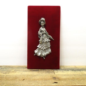 Victorian Wall Decor by Les Etains Du Galion - Red Velvet and Pewter Plaque. Bridgerton-esque decor!