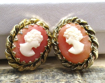Vintage Cameo Earrings. Large Pink Cameo Earrings with Ornate Gold Border.