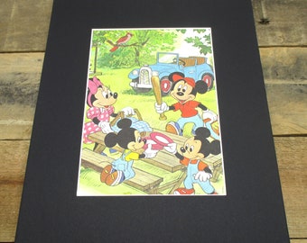 Vintage children's book print - featuring Minnie, Mickey, and their Family going camping and enjoying a picnic. Great nursery art!