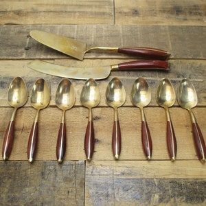 Vintage Dessert Serving Set with Dessert Spoons. Beautiful Brass and Wood Cake Serving Set - Perfect Hostess Gift!