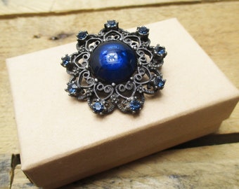 Beautiful Antique Brooch with Blue Cabochon Glass Stone and Blue Rhinestones. Perfect Way to Dress Up a Holiday Outfit!